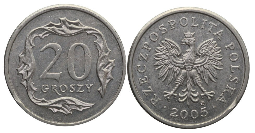 Destrukt, 20 groszy 2005, Ubytki w rantach (awers i rewers), st. 2