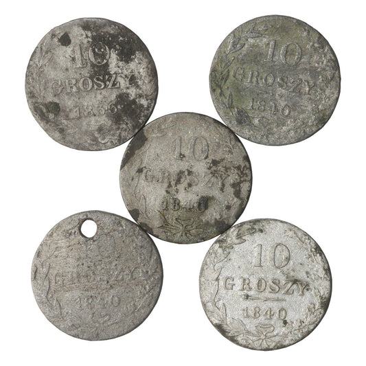 Lot: Królestwo Polskie 4 x 10 groszy 1840, 1 x 10 groszy 1936