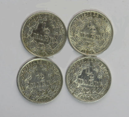 Niemcy, 4 x 1/2 marki, różne roczniki: 1912 (J), 1914 (A), 1915 (G), 1916 (A), ładne