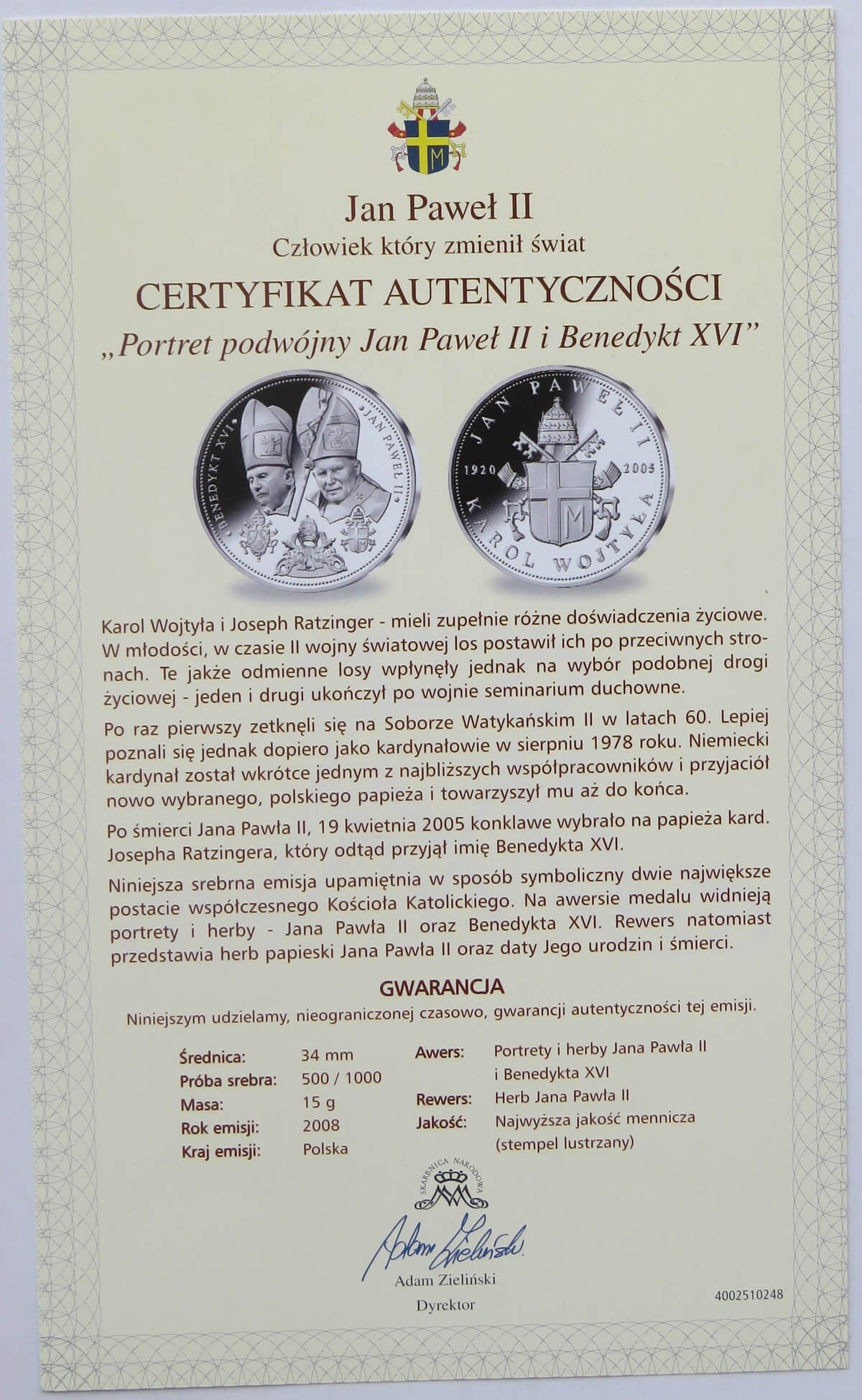 Polska, medal Jan Paweł II i Benedykt XVI, certyfikat