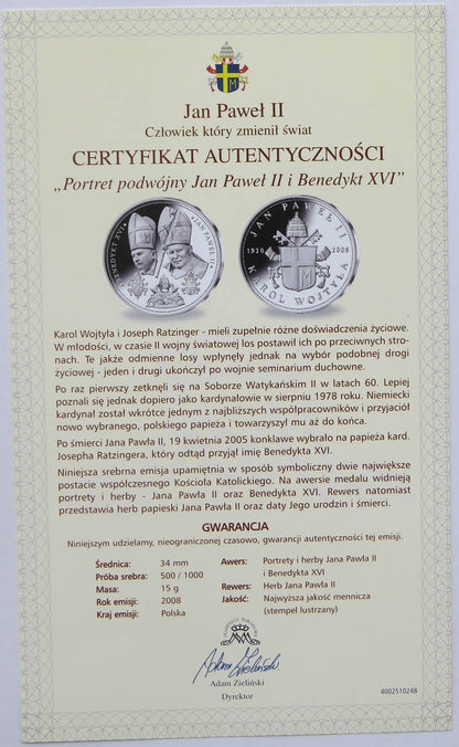 Polska, medal Jan Paweł II i Benedykt XVI, certyfikat