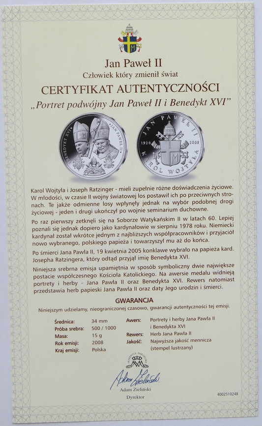 Polska, medal Jan Paweł II i Benedykt XVI, certyfikat