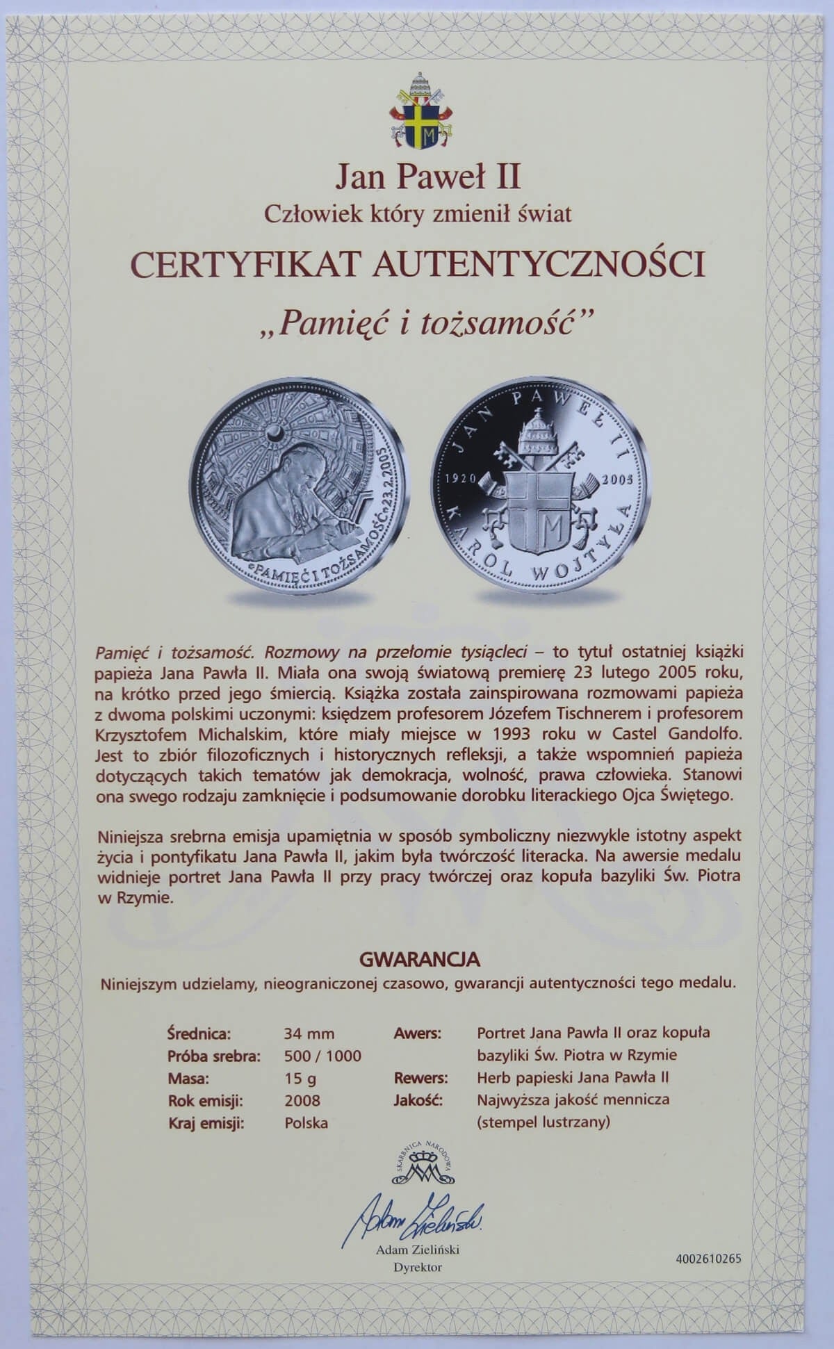 Polska, medal Pamięć i tożsamość, certyfikat